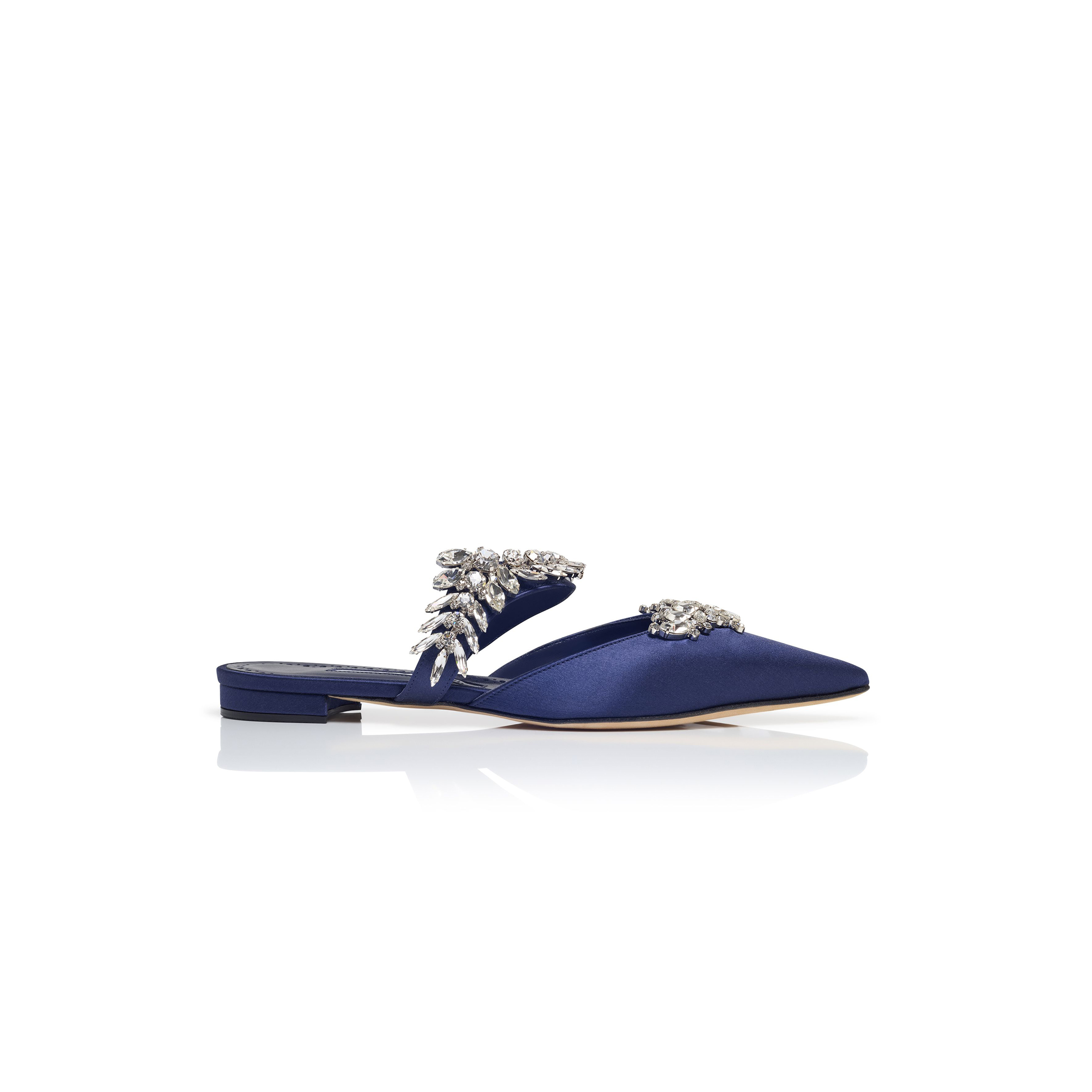 man010 B1ahn*k lurumflatus navy blue satin crystal embellished flat mules 122-1947-0006